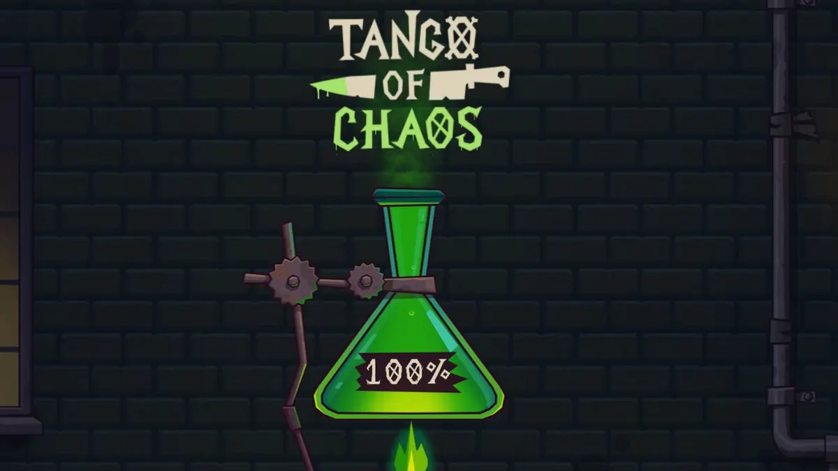 Tango of Chaos slot game interface featuring laboratory and party elements